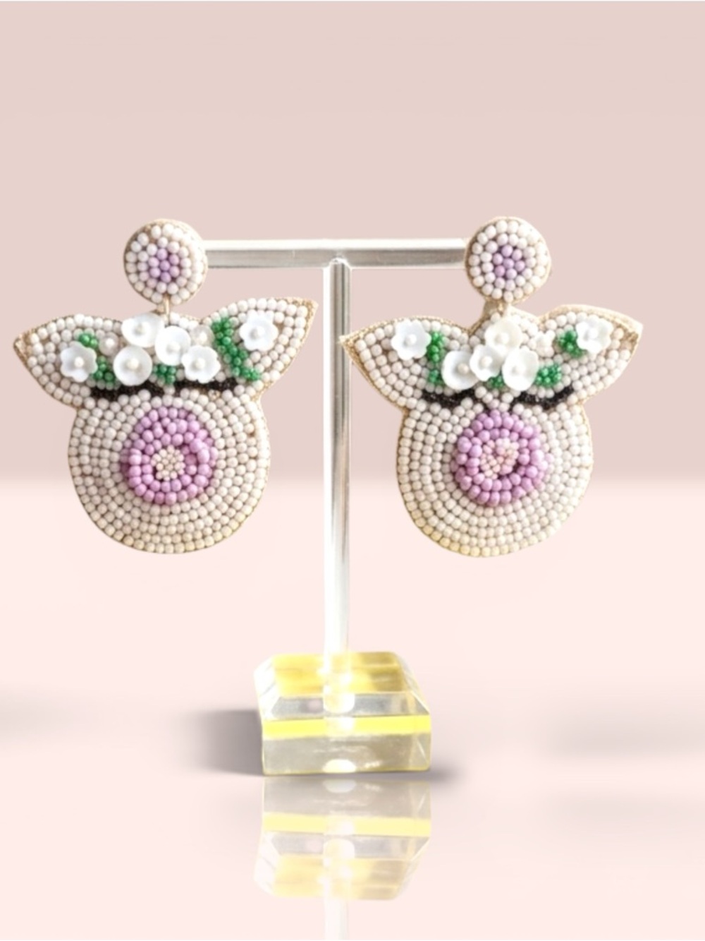 Viola Seed Bead Piggy Earrings w Flower Crown - Picture 2 of 5